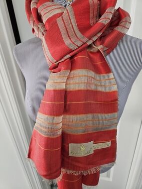 Petrusse Coral Orange & Beige Striped Lightweight French Silk Scarf